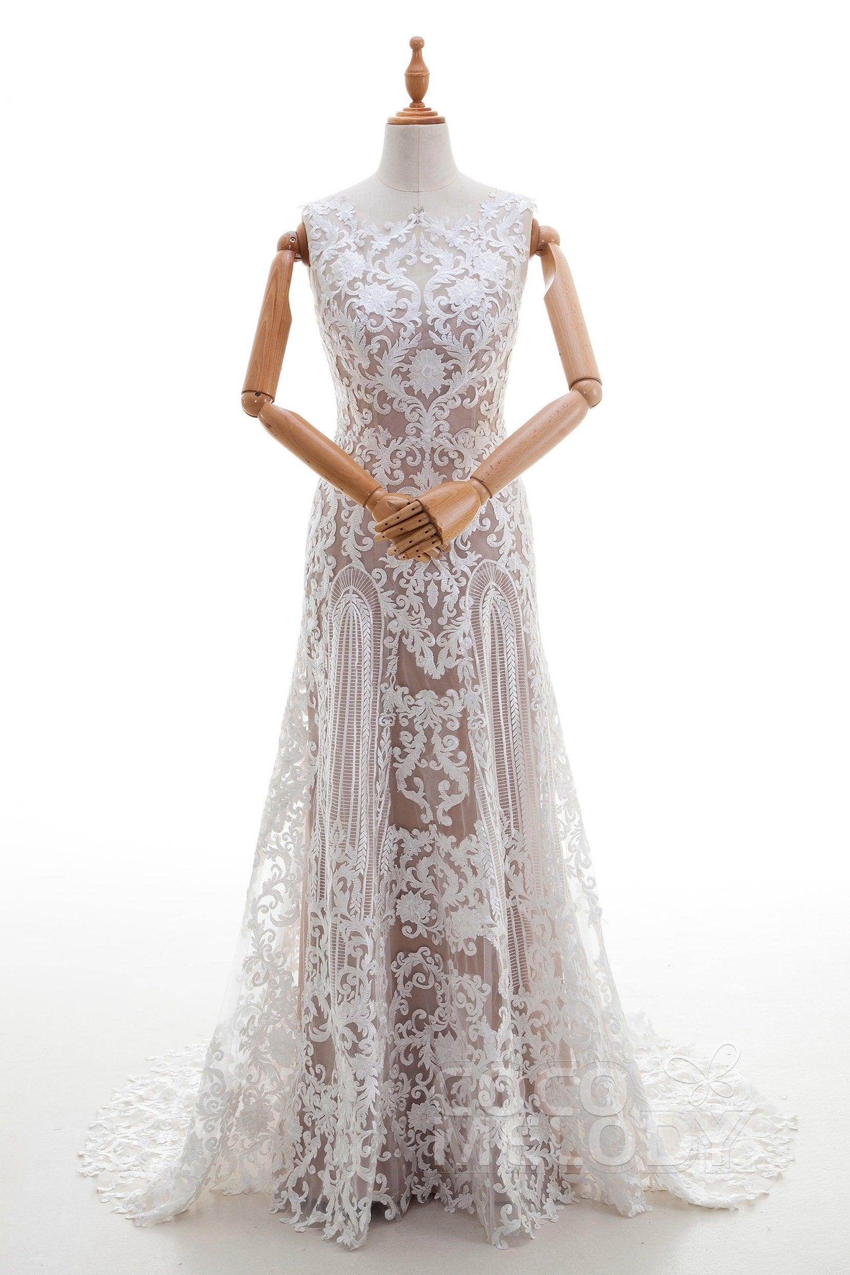 Sheath Sweep-Brush Train Lace Wedding Dress LD4317 - COCOMELODY